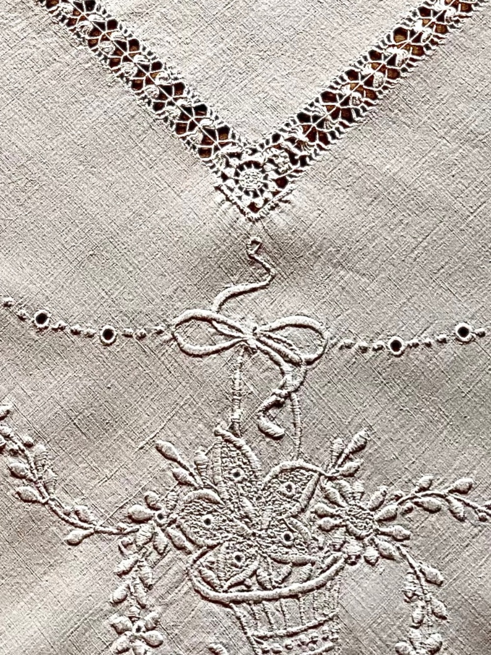 Vintage white linen square 34” tablecloth..drawnwork…embroidery